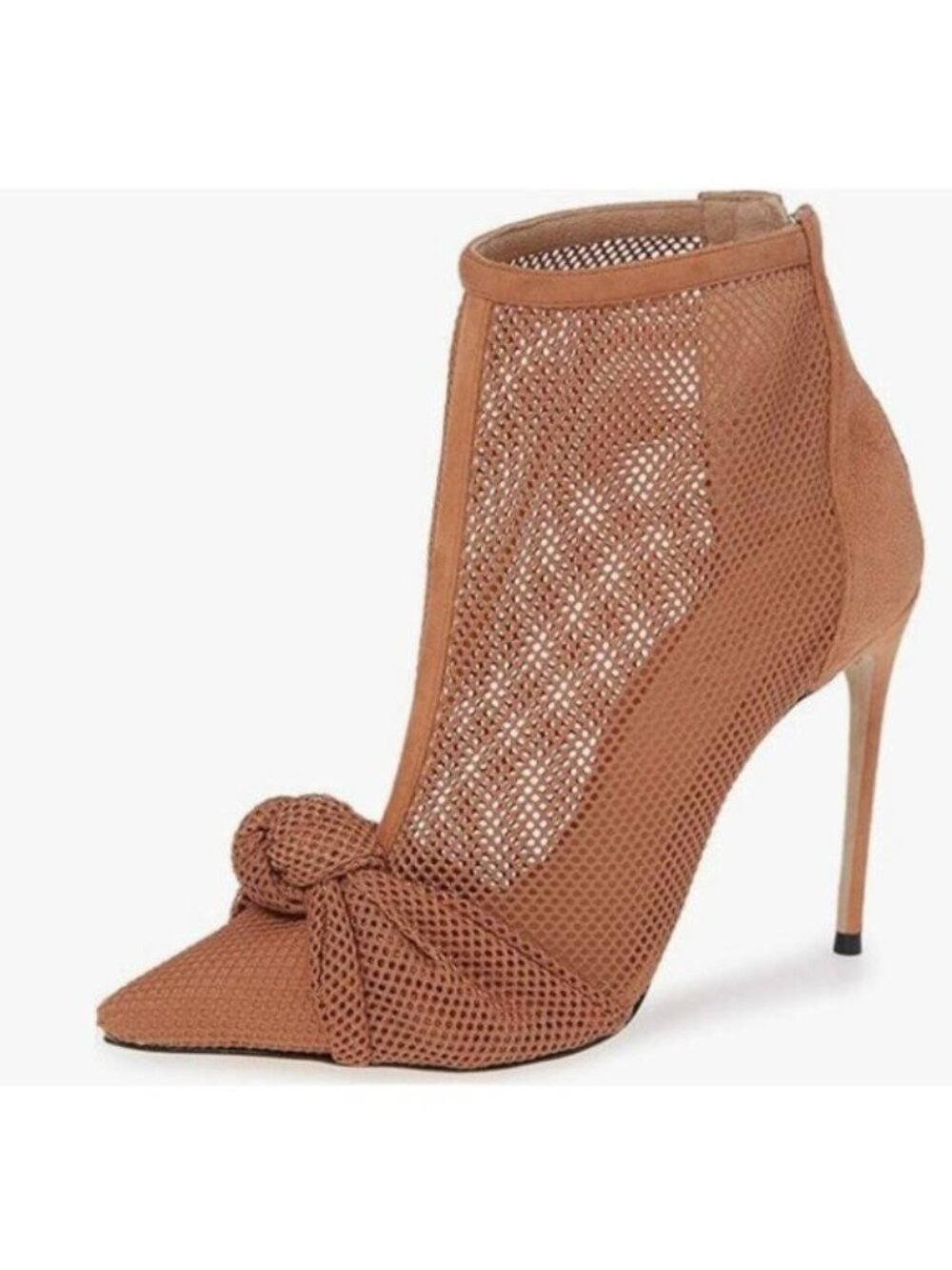 FSJ Brown Mesh High Heel Ankle Boot Pointed Toe Stilettos Zipper Unique Shoes